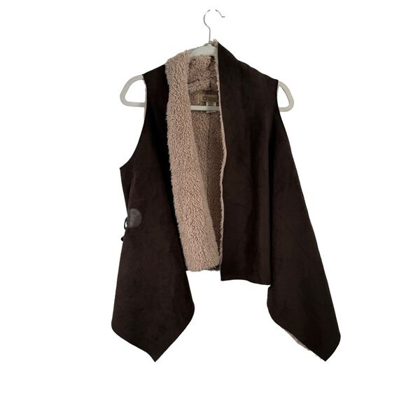 Democracy Brown Faux Suede Fur Open Front Vest Western Boho Womens Small - Picture 1 of 6